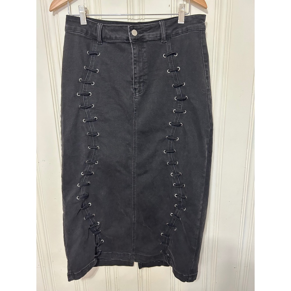 Fashion Nova L Womens Black Denim Lace Up Midi Pencil Skirt Goth Grunge Edgy